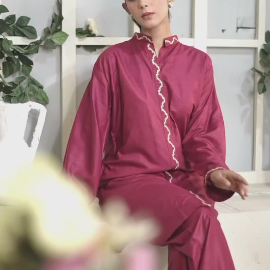 Stylish Collection Aaraish Linen Embroidered Co-Ord Set-Maroon Ringles