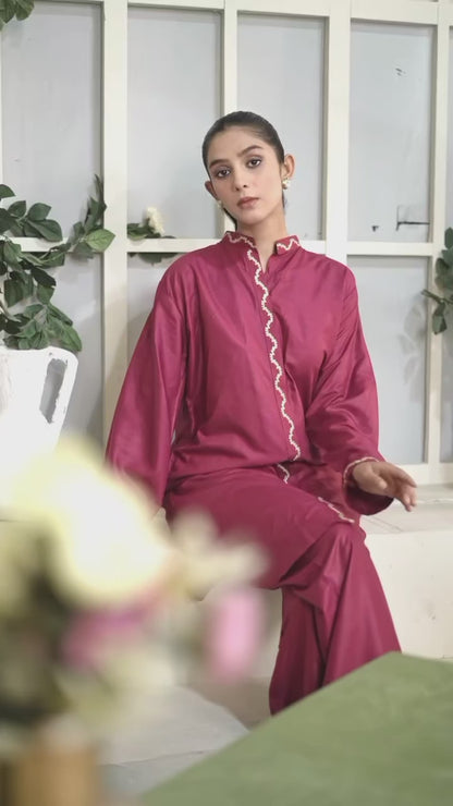 Stylish Collection Aaraish Linen Embroidered Co-Ord Set-Maroon Ringles