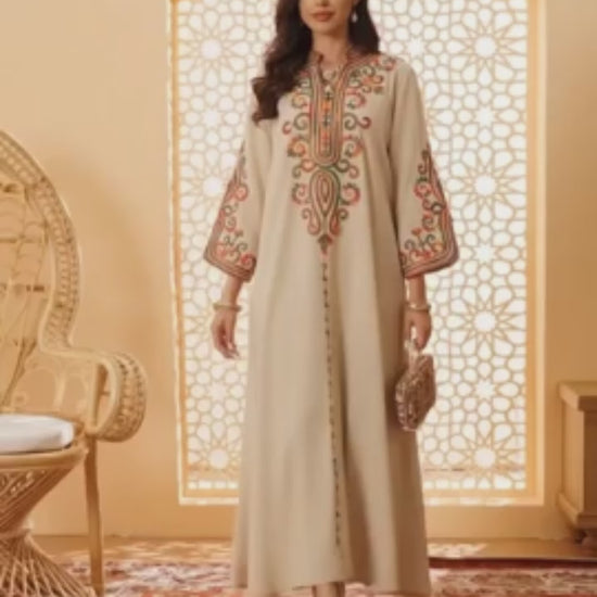 Beige-Duas Boutique Linen Embroidered Kaftan Set-Noor-e-Sahar