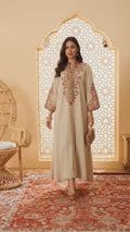 Beige-Duas Boutique Linen Embroidered Kaftan Set-Noor-e-Sahar