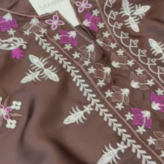 Savarna Silk Embroidered Stitched 3-Piece Suit-Chocolate Brown 48