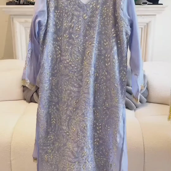 Savarna Khadi Lawn Embroidered Stitched 3-Piece Suit-Lilac