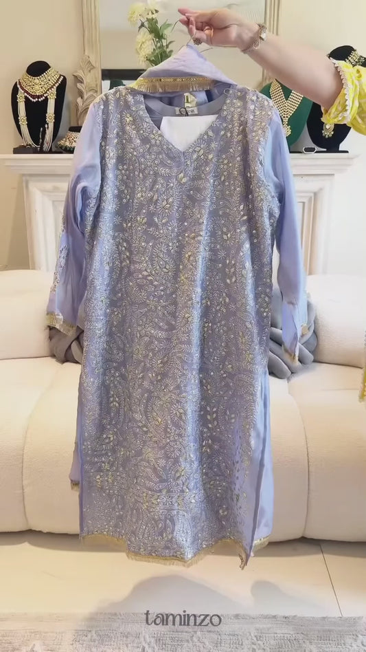 Savarna Khadi Lawn Embroidered Stitched 3-Piece Suit-Lilac