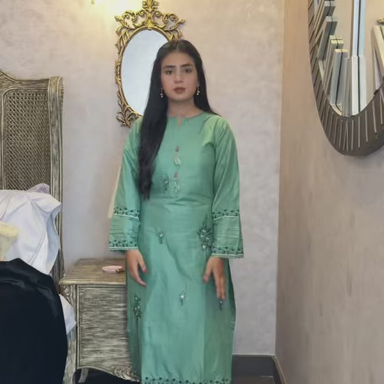 Green Silai Libas Linen Embroidered Stitched 2-Piece Suit-Noor-E-Sehar