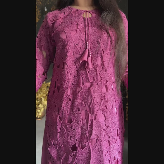 Pink-Savarna Silk Embroidered Stitched 3-Piece Suit-Pink