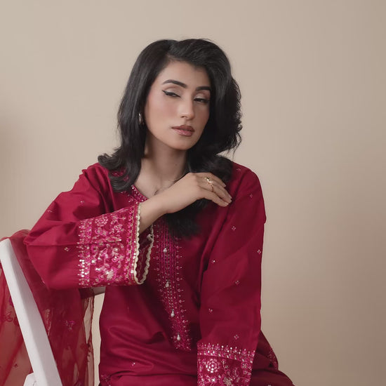 Red Stylish Collection Mahani Lawn Embroidered Stitched 3-Piece Suit-Leeah