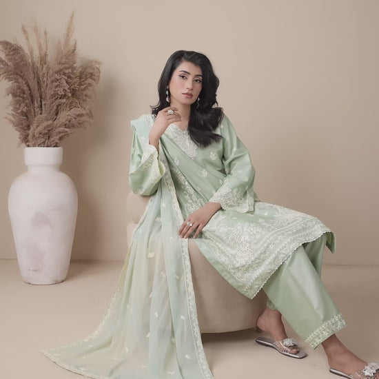Green Stylish Collection Mahani Lawn Embroidered Stitched 3-Piece Suit-Hayes
