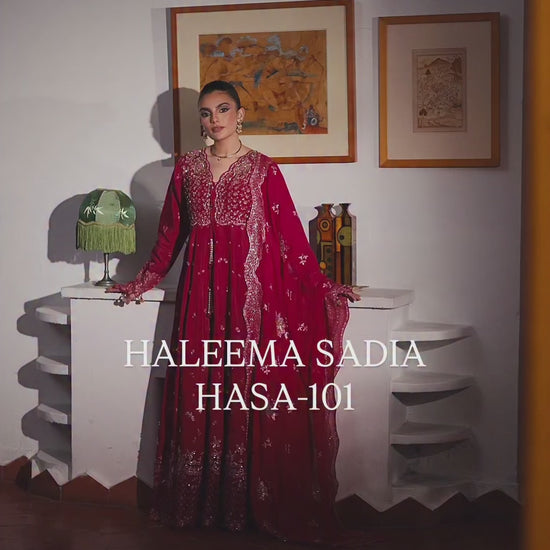 Pink-Haleema Sadia Sheesha Silk Embellished Stitched 3-Piece Suit-Ziva