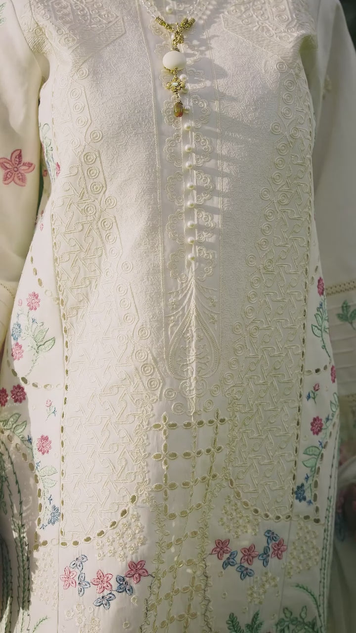 White-Mahnur Morbagh Luxury Lawn'26 Embroidered Stitched 3-Piece Suit-M-03