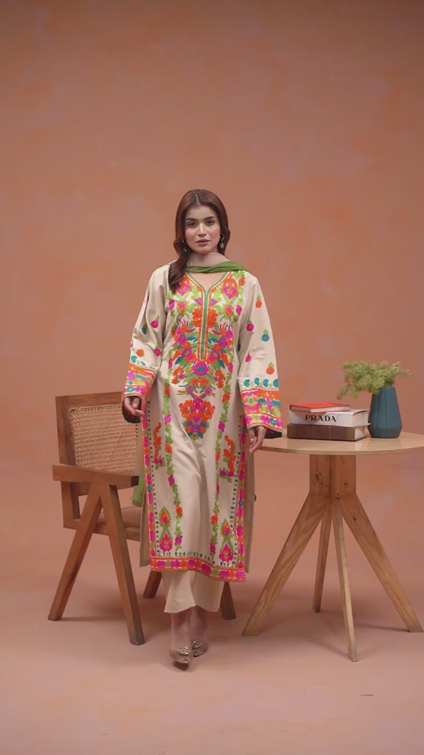 Tawakal Closet Linen Embroidered Stitched 3-Piece Suit-Multi Beige