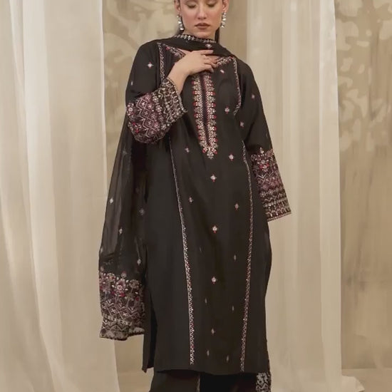 Black Silai Libas Linen Embroidered Stitched 3-Piece Suit-Black Horiya