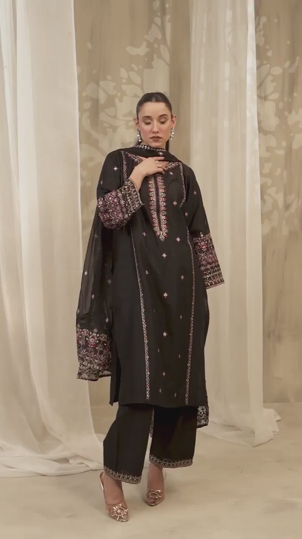 Black Silai Libas Linen Embroidered Stitched 3-Piece Suit-Black Horiya
