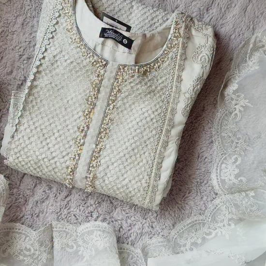 White Manahil Arts Organza Embellished Stitched 3-Piece Suit-Style code :182-Off White
