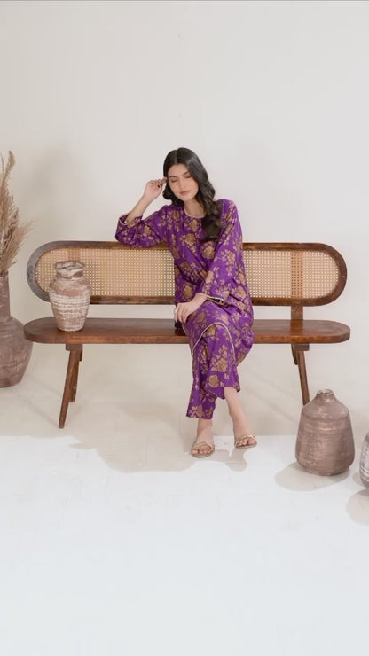 Stylish Collection Enchant Pret Linen Printed Co-Ord Set-Rose Purple