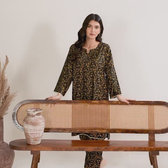 Stylish Collection Enchant Pret Linen Printed Co-Ord Set-Leaf Black