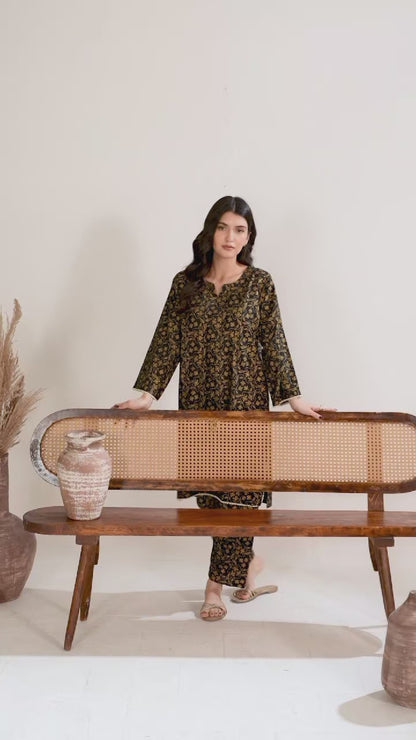 Stylish Collection Enchant Pret Linen Printed Co-Ord Set-Leaf Black