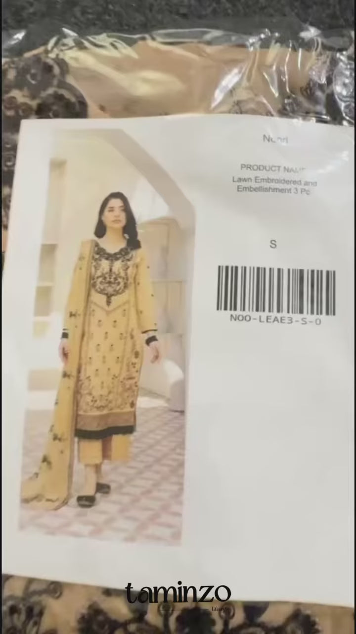 Black and Beige-Noori Lawn Cotton Embroidered Stitched 3-Piece Suit-Sk26102 