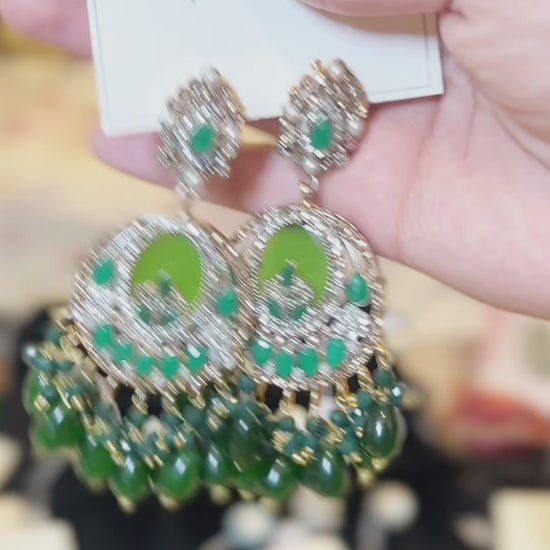 Orya Jewellery Maang Tikka Earrings Set-Emerald Green S10
