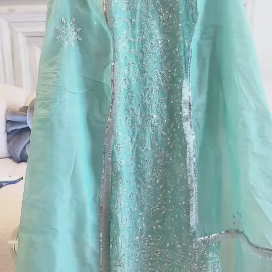 Sea Green Savarna Khadi Lawn Embroidered Stitched 3-Piece Suit-Sea Green