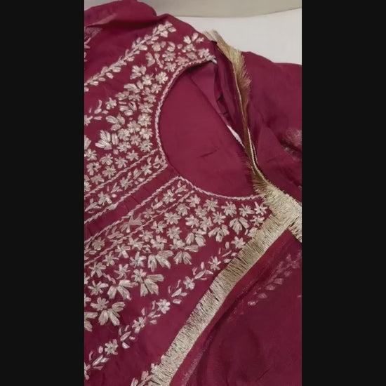 Maroon Savarna Cotton Embroidered Stitched 3-Piece Suit-Maroon Red