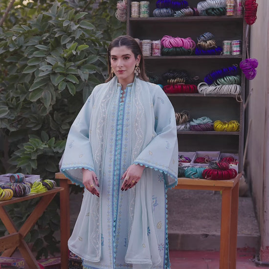 Blue Mahnur Satrangi Lawn'26 Embroidered Stitched 3-Piece Suit-ST-02