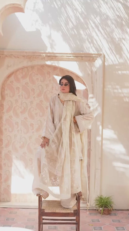 Shiza Hassan Chap Tilak Formals Pure Tusser Silk Embellished Stitched 3-Piece Suit-Carnation