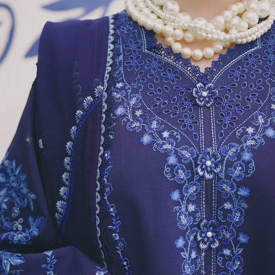 Blue-Mahnur Morbagh Luxury Lawn'26 Embroidered Unstitched 3-Piece Suit-M-14
