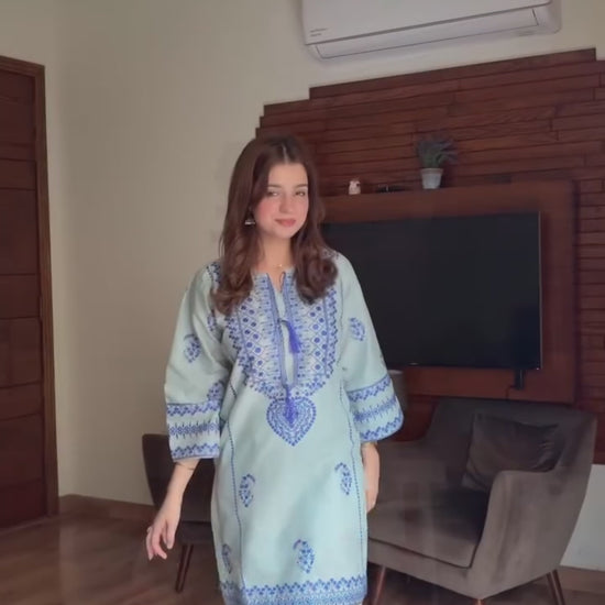 Savarna Blue Cotton Embroidered Stitched 2-Piece Suit