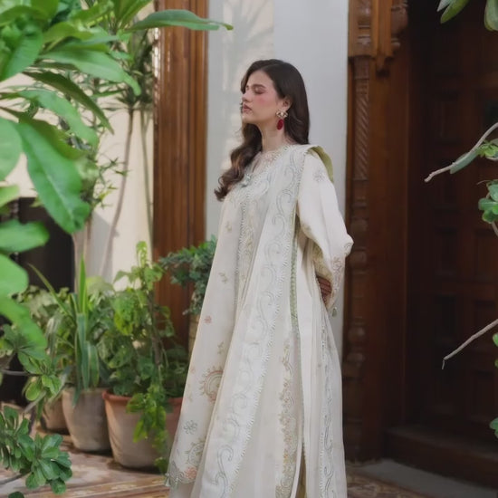 Cream-Mahnur Shanaya Lawn Vol 2 Embroidered Stitched 3-Piece Suit-SH-11