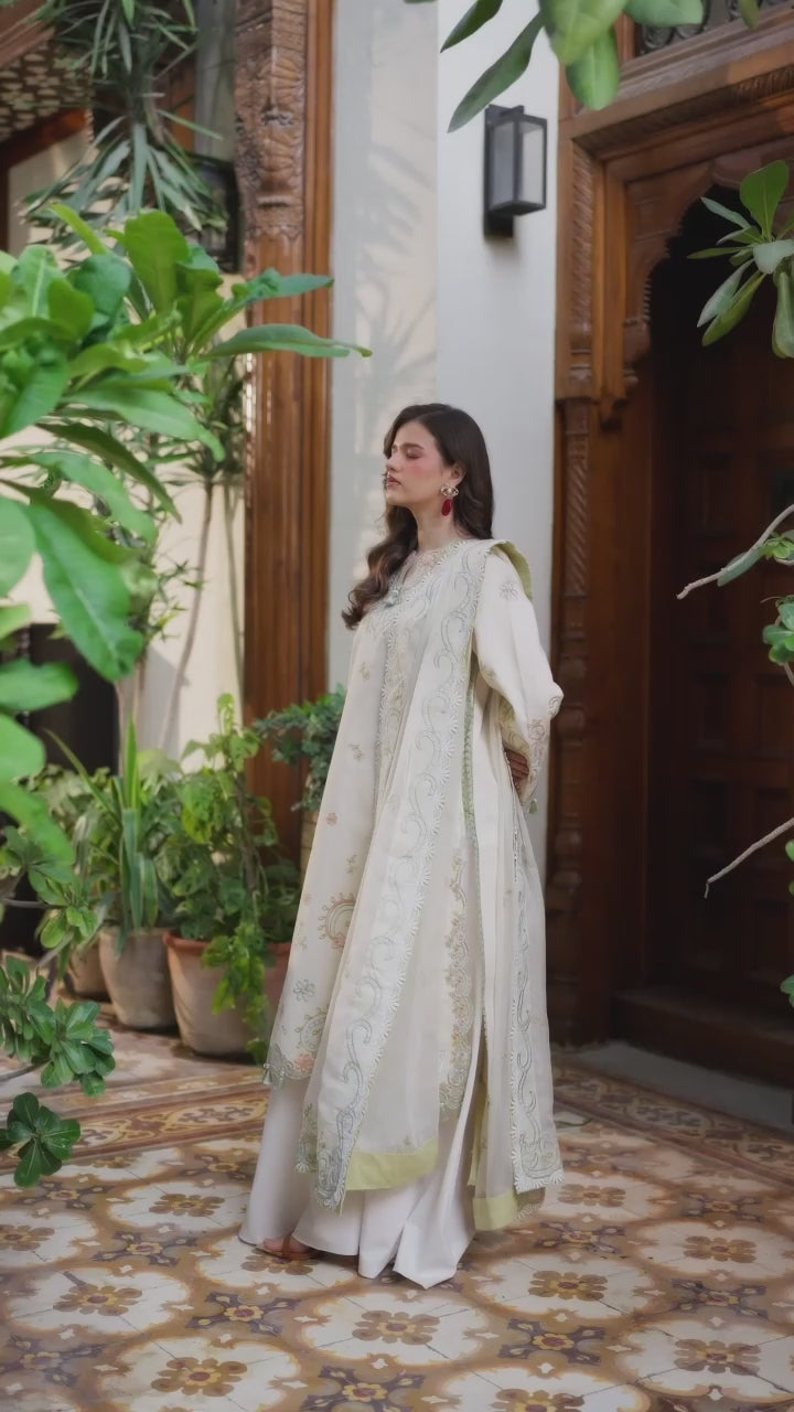 Cream-Mahnur Shanaya Lawn Vol 2 Embroidered Stitched 3-Piece Suit-SH-11