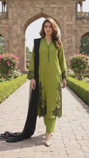 Duas Boutique Linen Embroidered Stitched 3-Piece Suit-Haryali