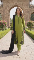 Duas Boutique Linen Embroidered Stitched 3-Piece Suit-Haryali
