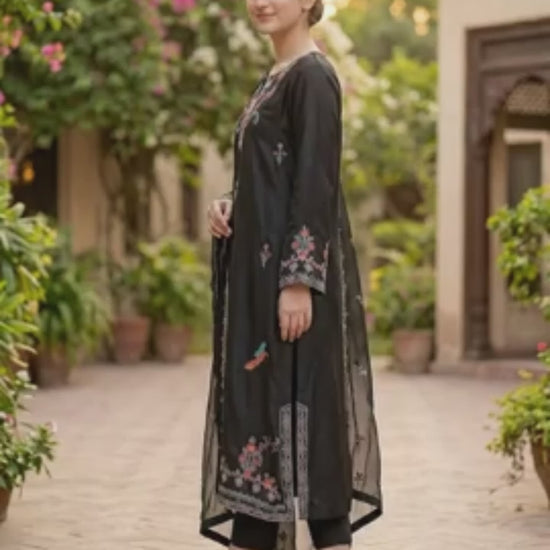 Savarna Silk Embroidered Stitched 3-Piece Suit Black