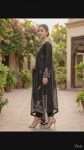 Savarna Silk Embroidered Stitched 3-Piece Suit Black