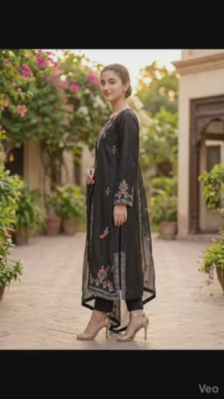 Savarna Silk Embroidered Stitched 3-Piece Suit Black