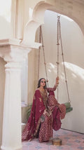 Shiza Hassan Chap Tilak Formals Pure Tusser Silk Embroidered Stitched 3-Piece Suit–Crimson