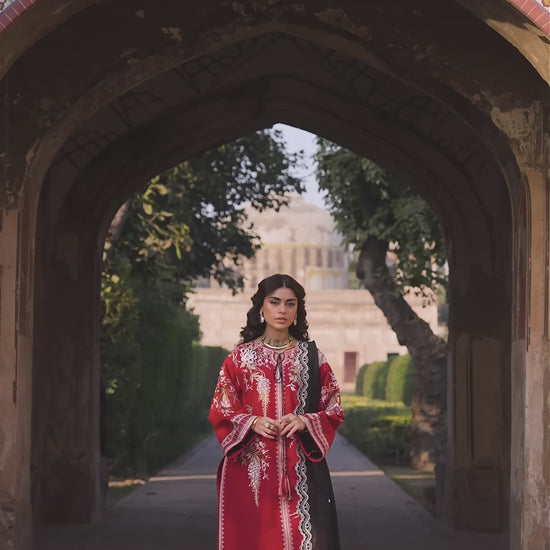 Red Binilyas Suroor Unstitched Lawn'26 Embroidered 3-Piece Suit-241-B
