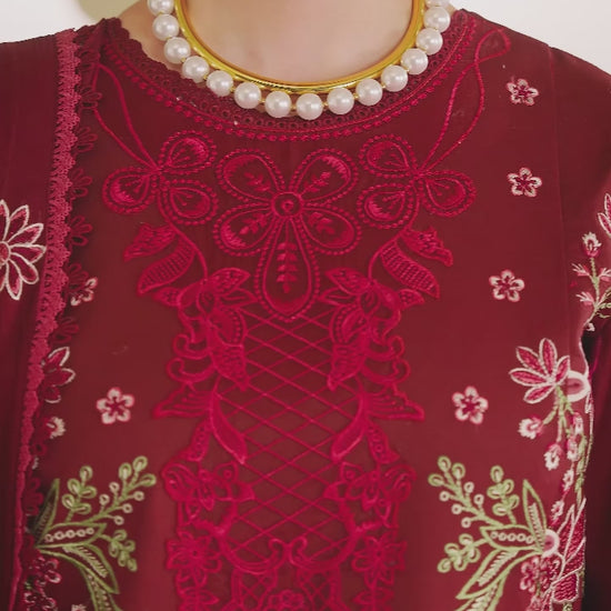Maroon-Mahnur Morbagh Luxury Lawn'26 Embroidered Unstitched 3-Piece Suit-M-10