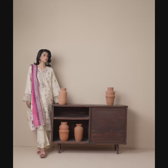 Cream Stylish Collection Mahani Lawn Embroidered Stitched 3-Piece Suit-Rosa