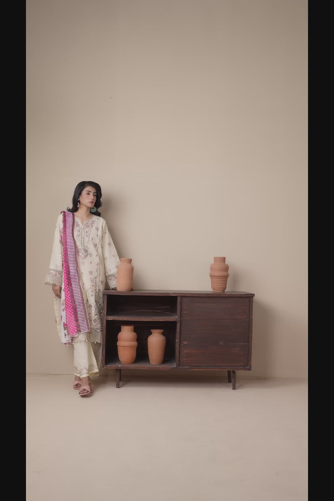 Cream Stylish Collection Mahani Lawn Embroidered Stitched 3-Piece Suit-Rosa