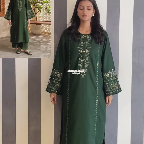 Green Ayat Closet Linen Embroidered Stitched 2-Piece Suit-Olive Green