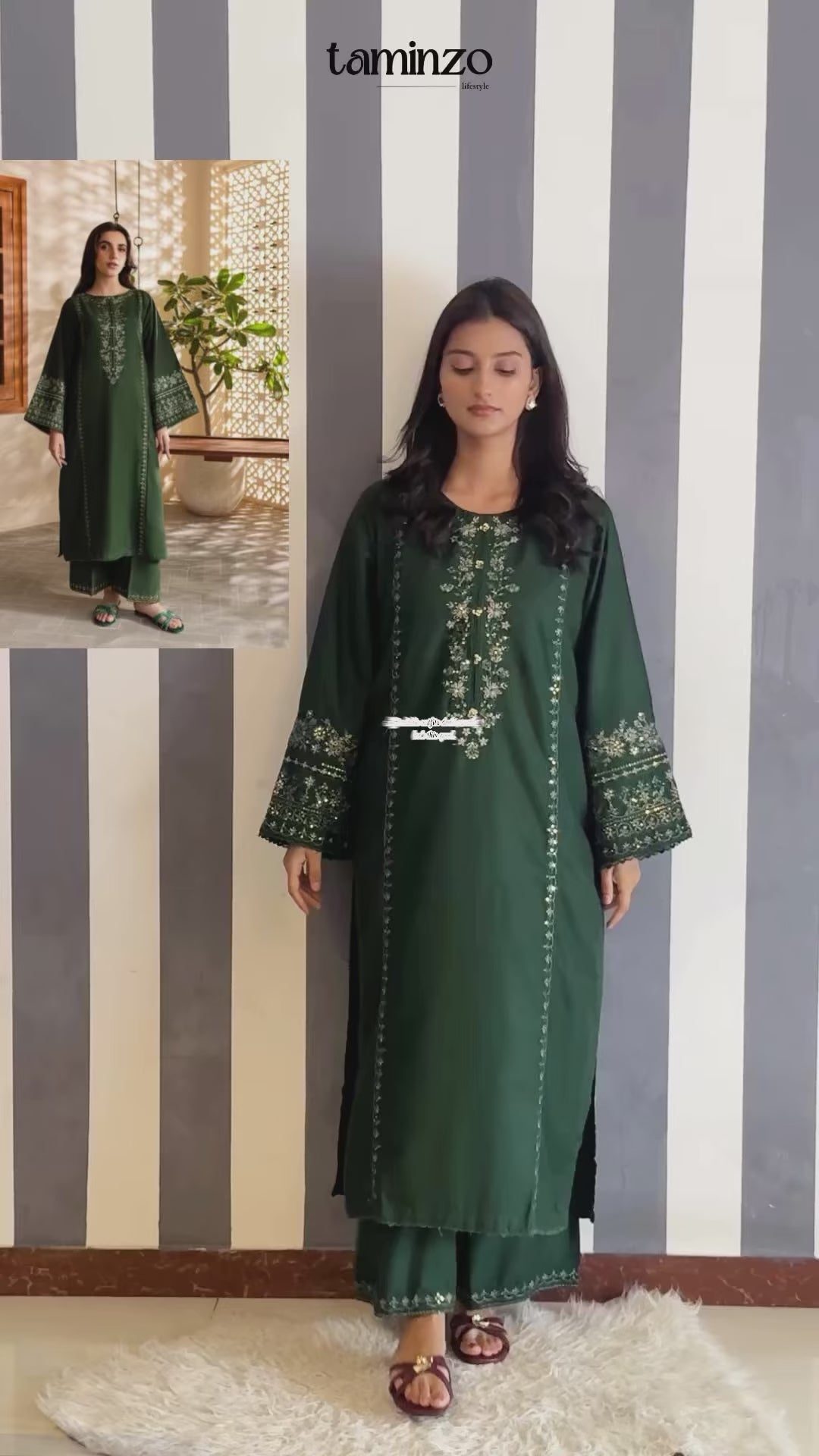 Green Ayat Closet Linen Embroidered Stitched 2-Piece Suit-Olive Green