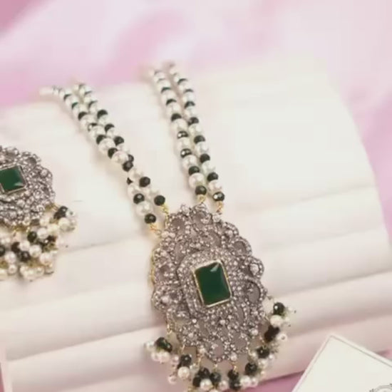 Orya Jewellery Zircon Pearl Maang Necklace Earrings Set-Emerald Green S13