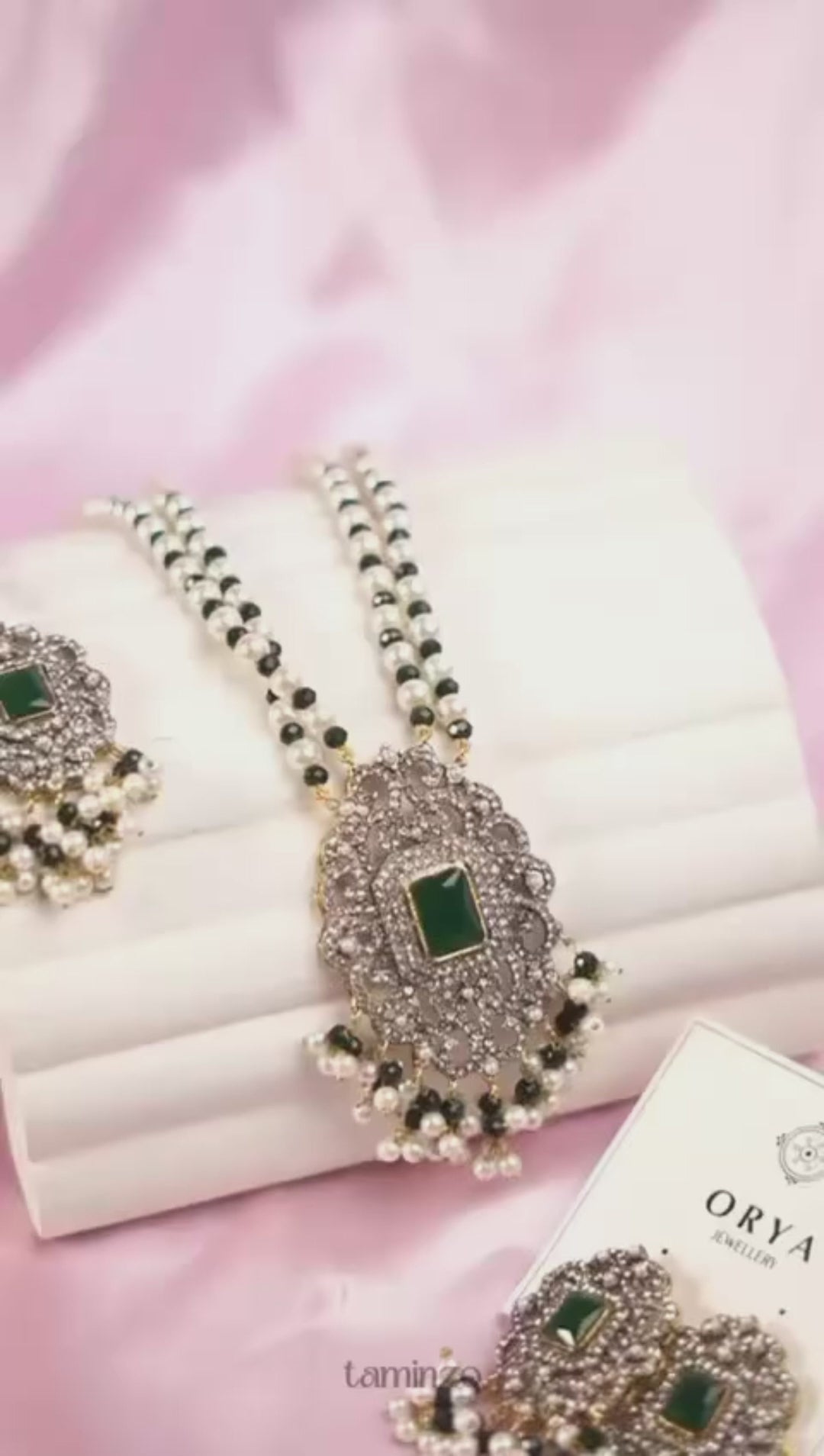 Orya Jewellery Zircon Pearl Maang Necklace Earrings Set-Emerald Green S13