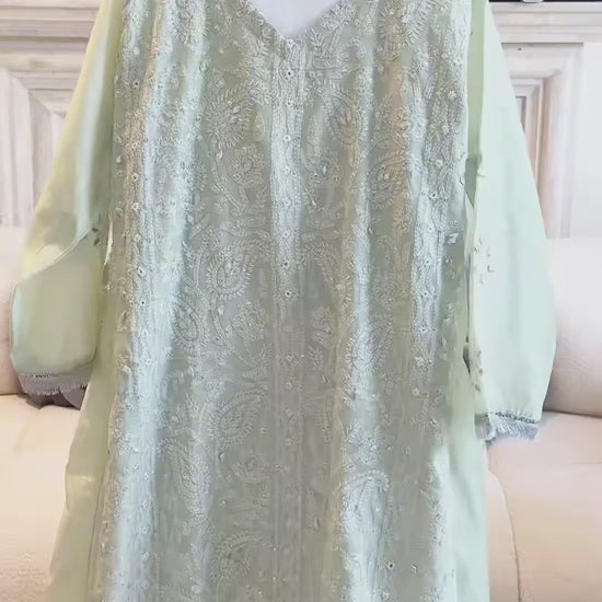Savarna Khaadi Lawn Embroidered Stitched 3-Piece Suit-Mint Green