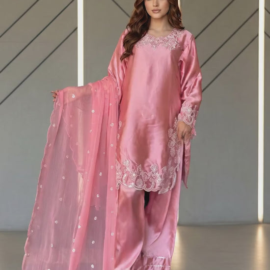 Savarna Silk Peach Embroidered Stitched 3-Piece Suit