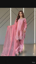 Savarna Silk Peach Embroidered Stitched 3-Piece Suit