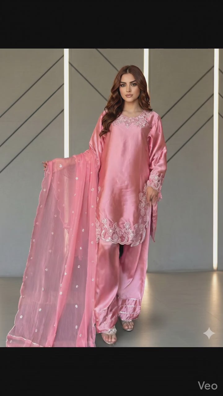 Savarna Silk Peach Embroidered Stitched 3-Piece Suit