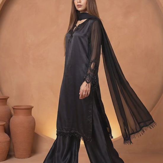 Savarna Black Silk Embellished Sharara Set