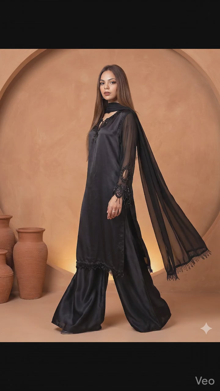 Savarna Black Silk Embellished Sharara Set